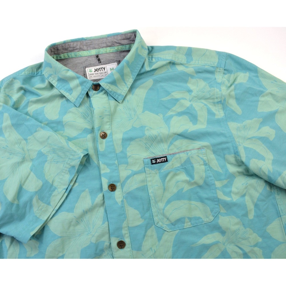 Jetty‎ Button Down Shirt Men's M Teal Pocket All Over Print Floral Golf Travel